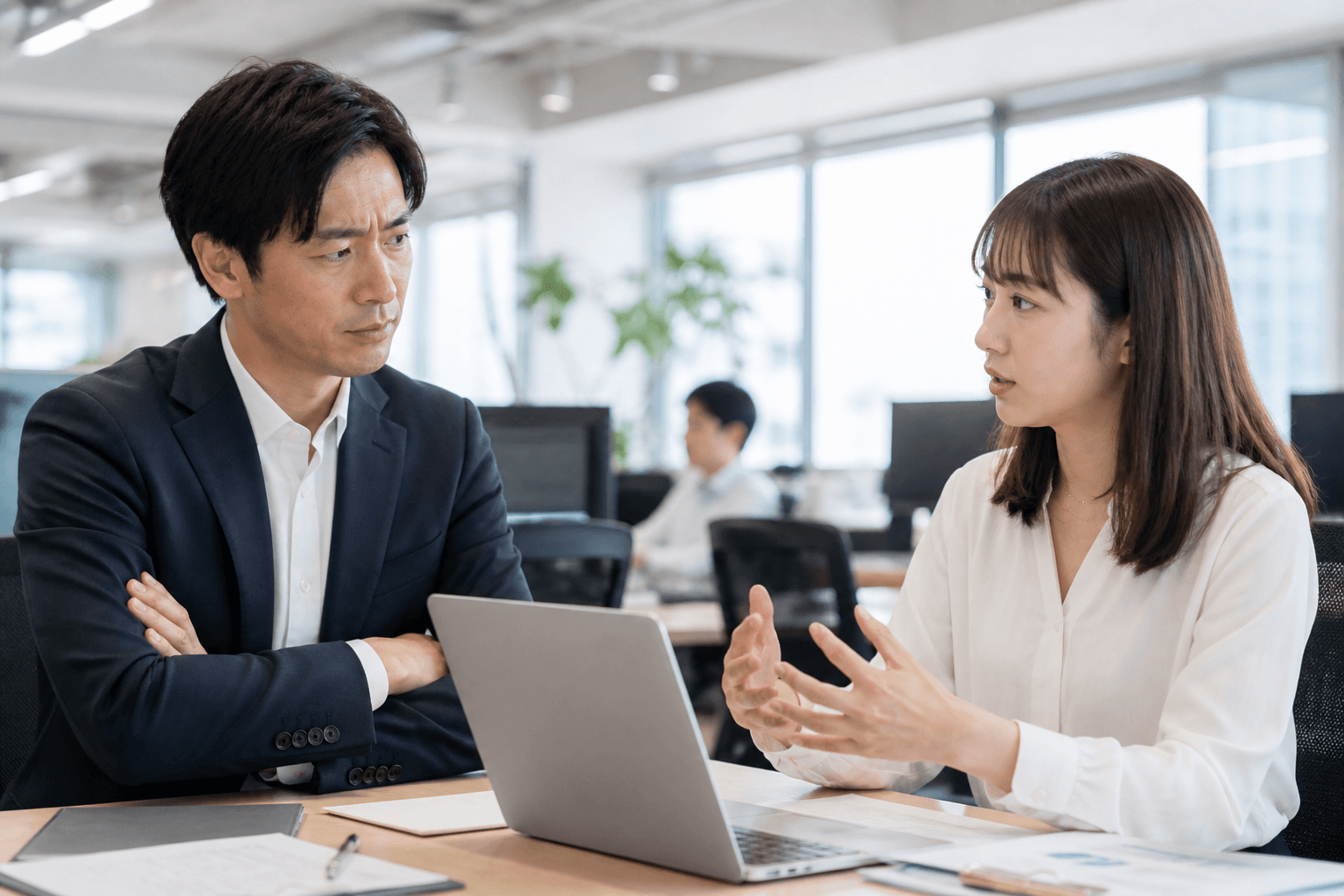 優秀なプレイヤー出身の管理職が、部下の報告を聞きながら戸惑う様子