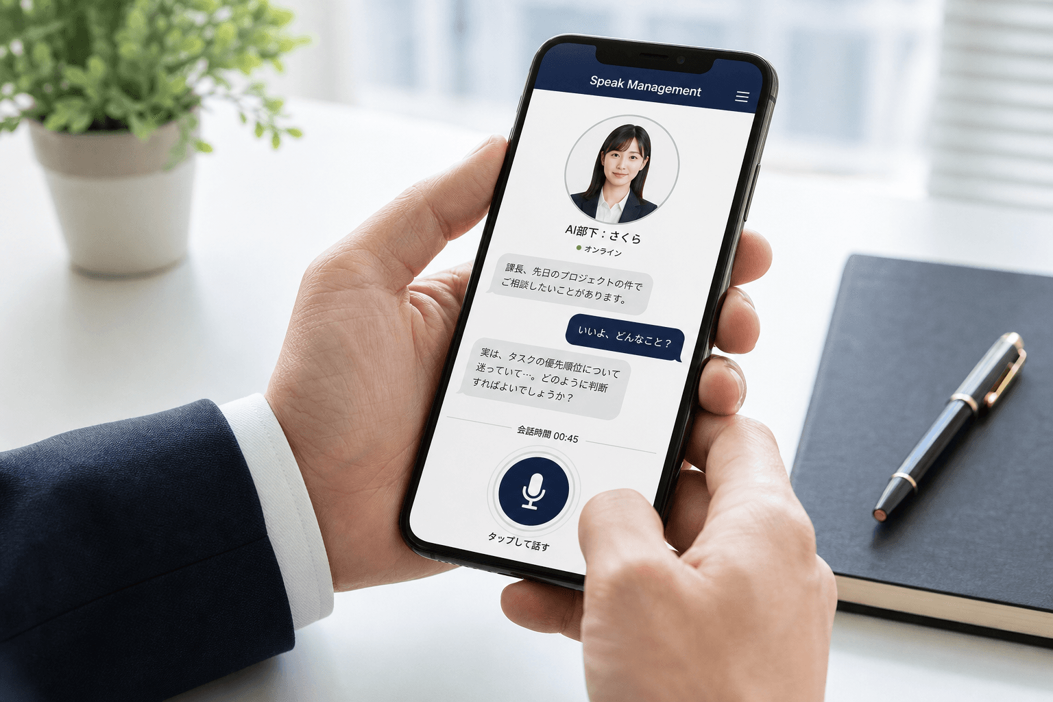 スマホの会話トレーニング画面。AI部下と声で対話するイメージ