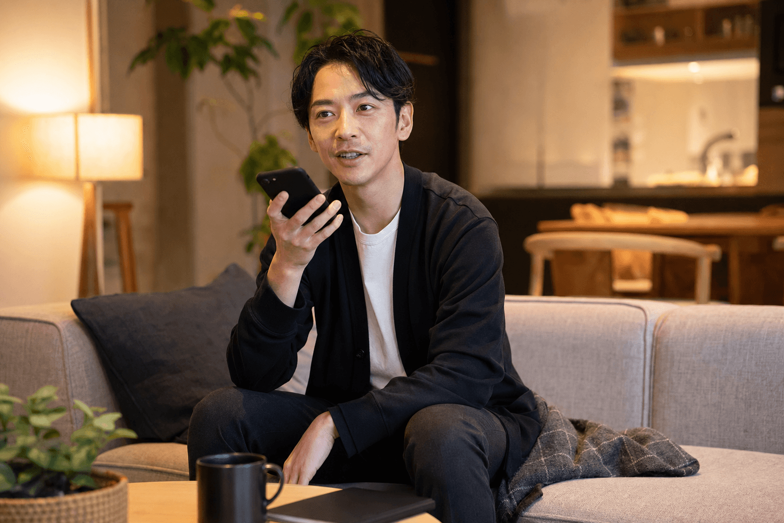 自宅でスマートフォンを使い、自然な距離で声に出して練習する男性の管理職